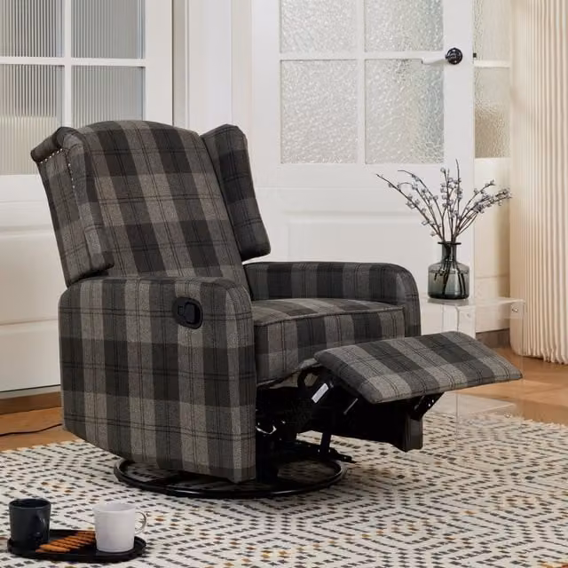 Beckett Grey Tartan Swivel Recliner Armchair with Adjustable Footrest and Wing Back Design
