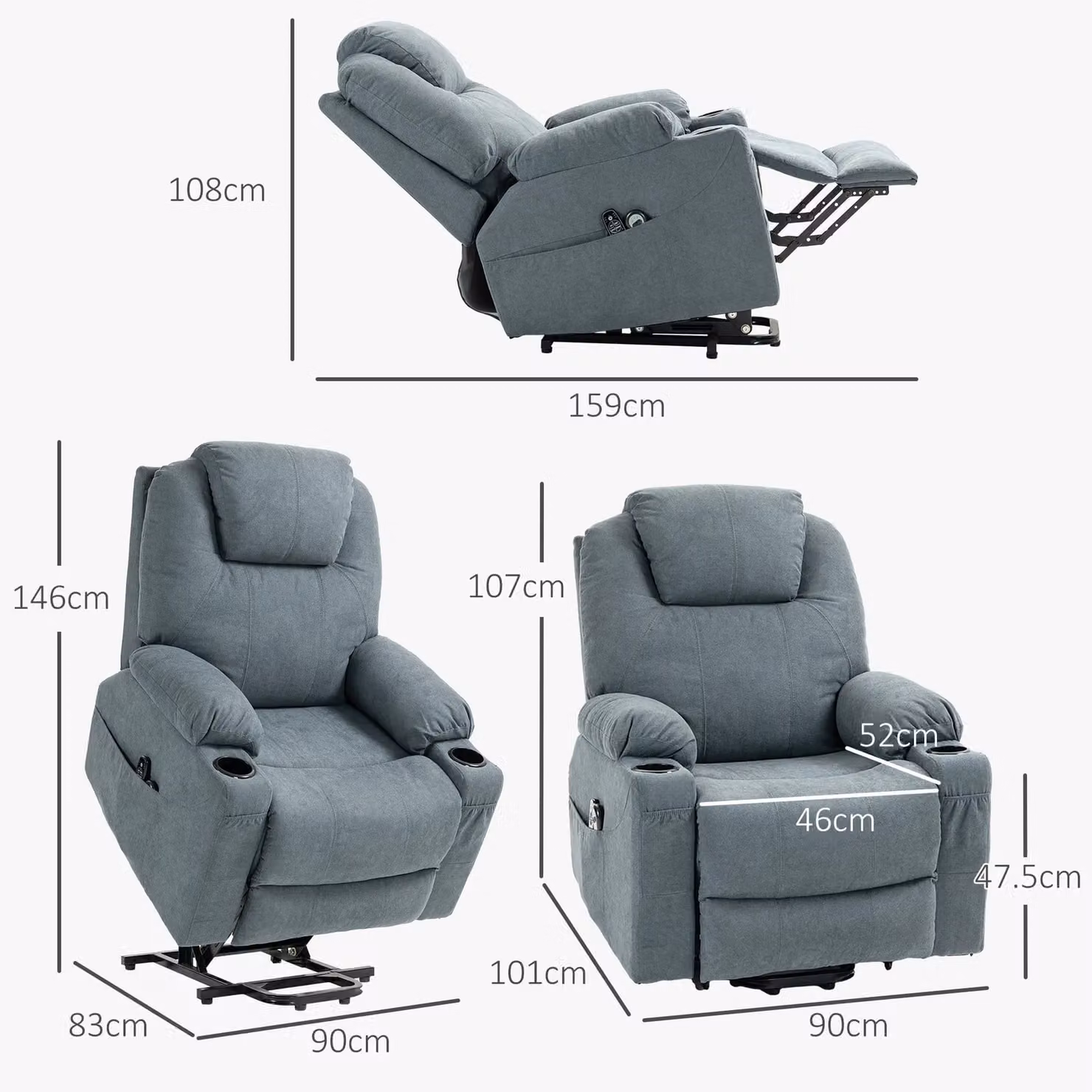 HOMCOM Riser and Recliner Chair with Vibration Massage and Heat in Dark Grey – 3