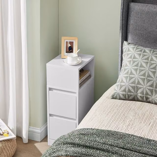 VASAGLE Slim Bedside Table with 2 Drawers in White