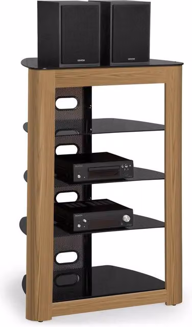 Centurion Supports Zinnia 5-Shelf Gloss Black and Mountain Oak Real Wood Veneer AV Rack Glass Multimedia Stand W/D/H: 102 x 49 x 68 cm – 1