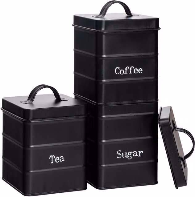 Harbour Housewares 3-Piece Metal Tea Coffee Sugar Canister Set in Black with Airtight Lids – 4