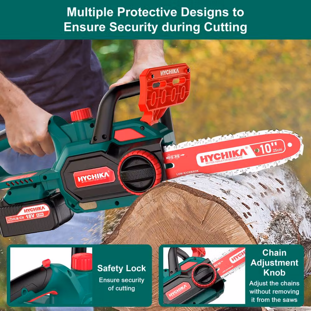 HYCHIKA 18V Cordless Electric Chainsaw with 10 Inch Bar and 4000mAh Rechargeable Battery, Green – 3