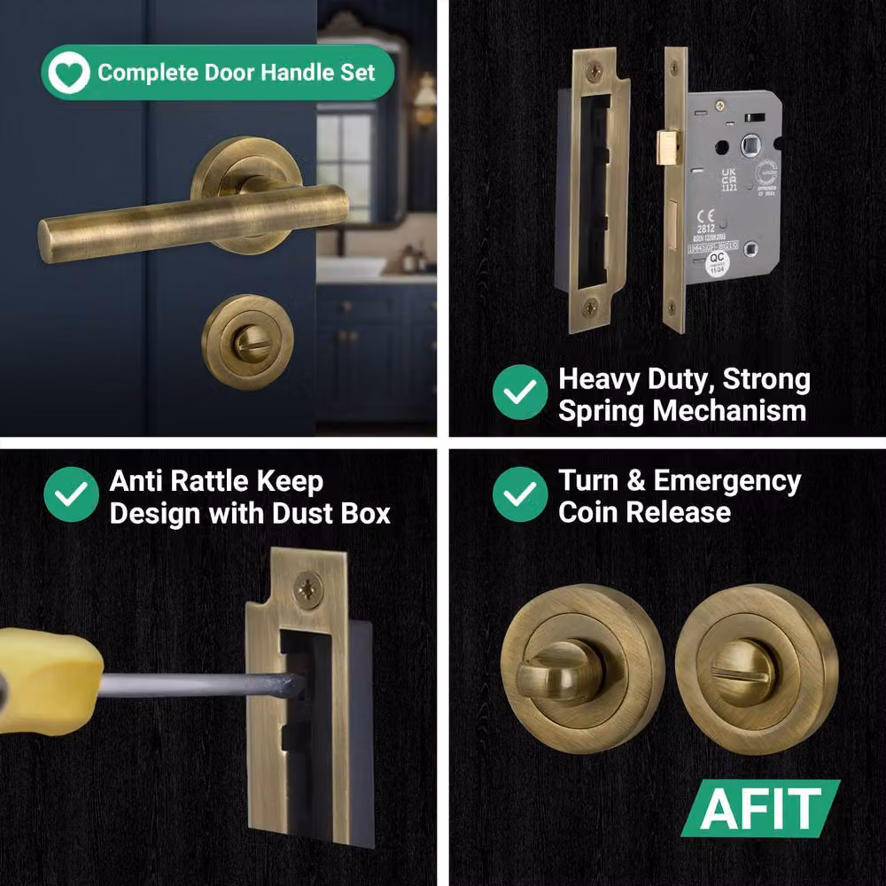 AFIT Antique Brass T-Bar Bathroom Handle and WC Lock Hinges Set in Gold, 1 Pair – 6