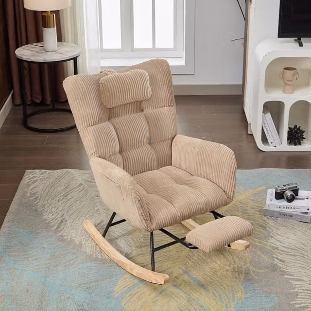 ModernLuxe Beige Rocking Chair with Adjustable Footrest, Headrest and Pockets – 1