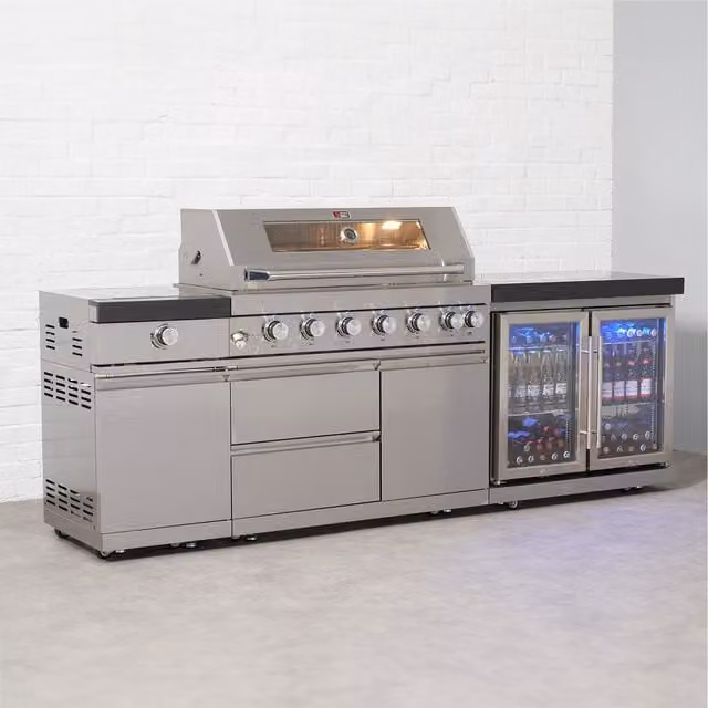 Draco Grills 6 Burner Modular Outdoor Gas BBQ Kitchen with Sear Station, Double Fridge Unit and Granite Top in Silver Stainless Steel