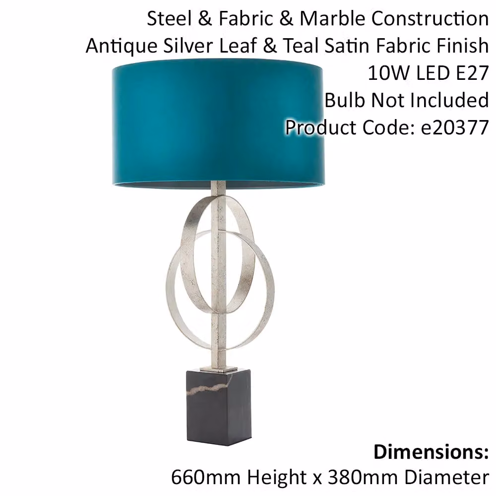 Loops 2 Pack Antique Silver Table Lamps with Teal Satin Fabric Shades and Black Marble Bases – 2