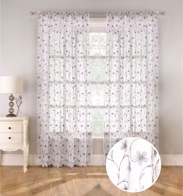 Tyrone Textiles Grey Floral Print Sheer Linen Look Voile Curtain Panels with Sequins, Pair, Width: 137 cm