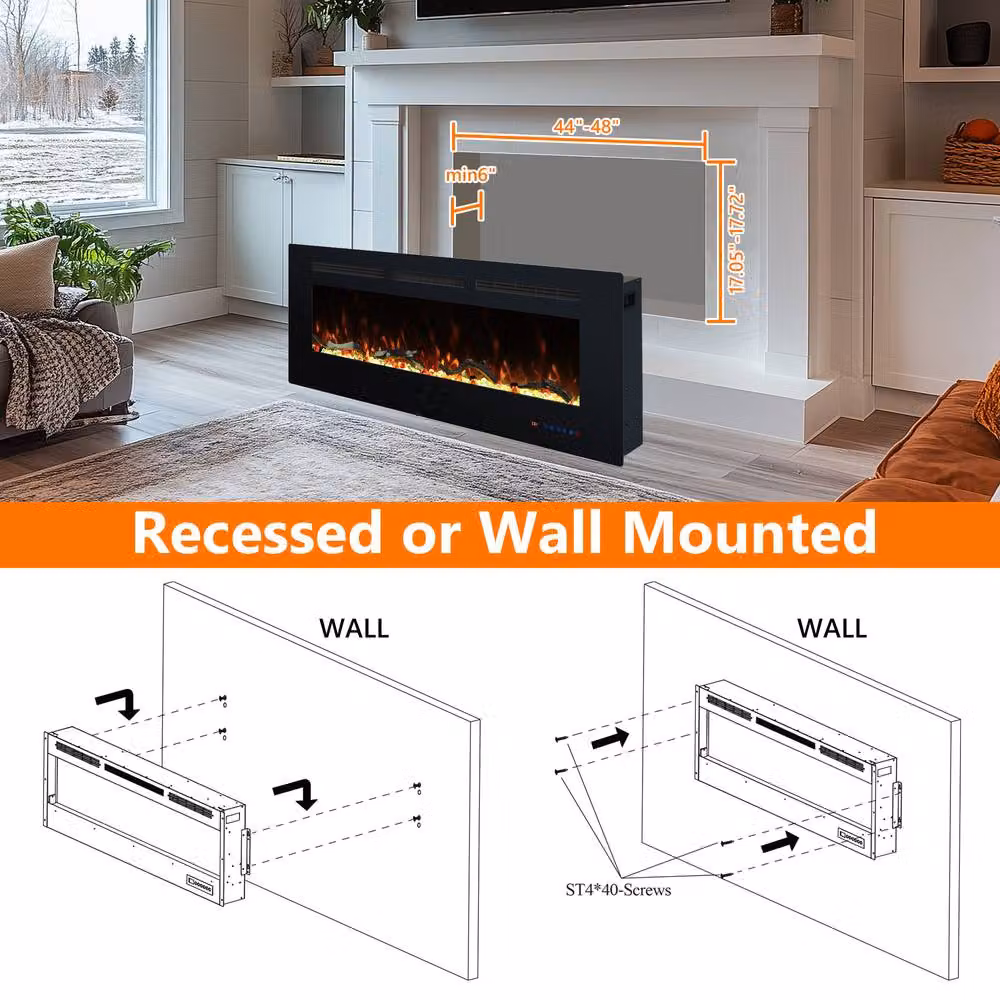 Valuxhome 1500W Recessed Wall Electric Fireplace with 13 Colours and Timer, Black, W: 122 cm, H: 45 cm, D: 15 cm – 3