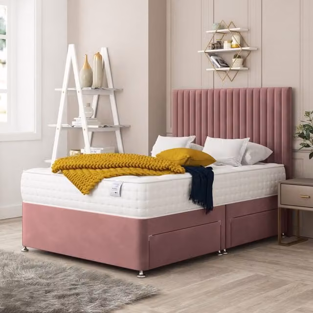 Bed Choices Manhattan Pink Velvet Upholstered Single Divan Bed with 2 Drawers, Mattress and Headboard, W/D/H: 90 x 190 cm