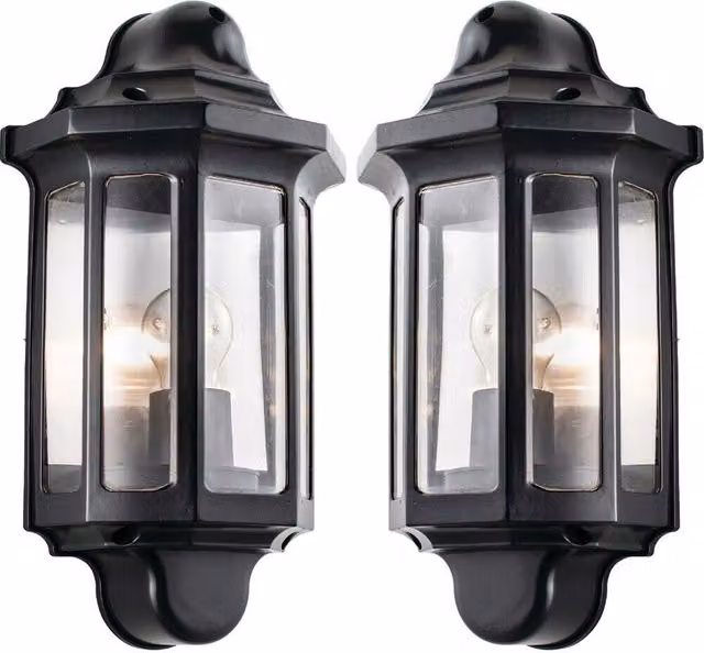 Loops 2 Pack IP44 Black Outdoor Wall Lantern with Transparent Shade, Dimmable E27 Post Lamp – 1