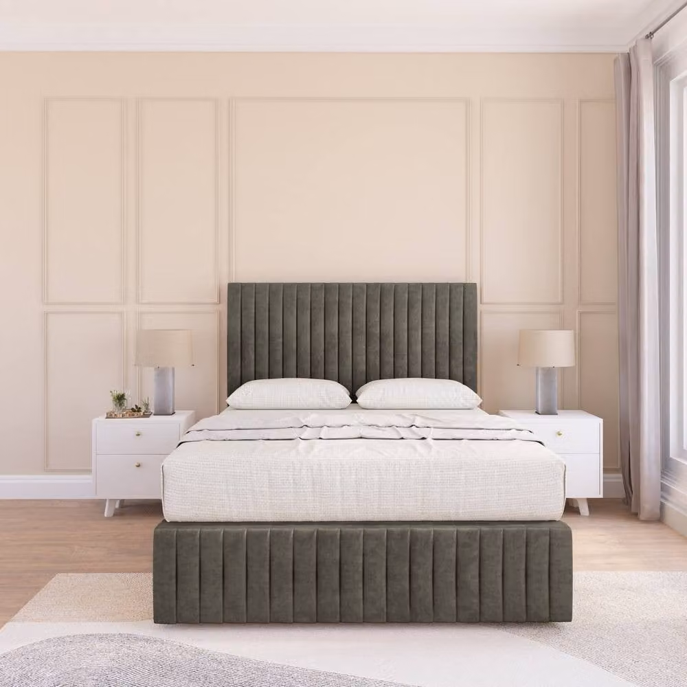 Sloomy Madison Double Divan Bed Base with 12 inch Footboard and 54 inch Floor Standing Headboard in Light Grey Velvet Fabric, W/D/H: 140 x 200 cm