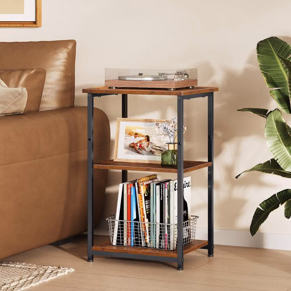 Rolipo 3-Tier Side Table with Steel Frame in Rustic Brown, W/D/H: 37 x 31 x 56 cm – 2