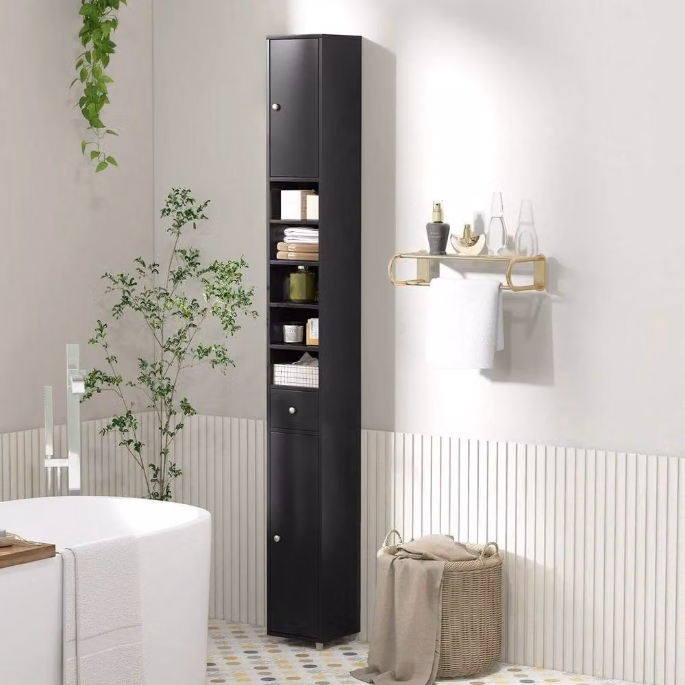 EONLION Black Matt Slim Freestanding Bathroom Tall Cabinet with Internal Shelves and Drawers – 3