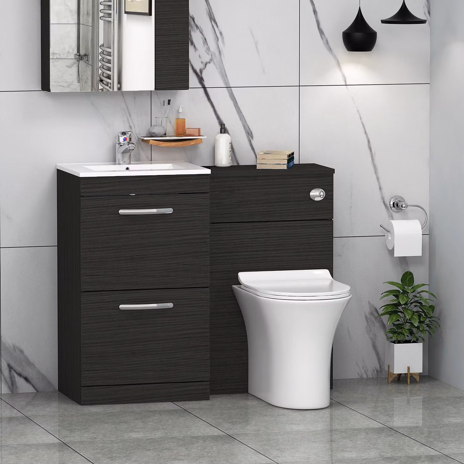 Royal Bathrooms Hale Black 1000mm 2 Drawer Furniture Pack with Minimalist Basin and Slim Breeze Back to Wall Toilet