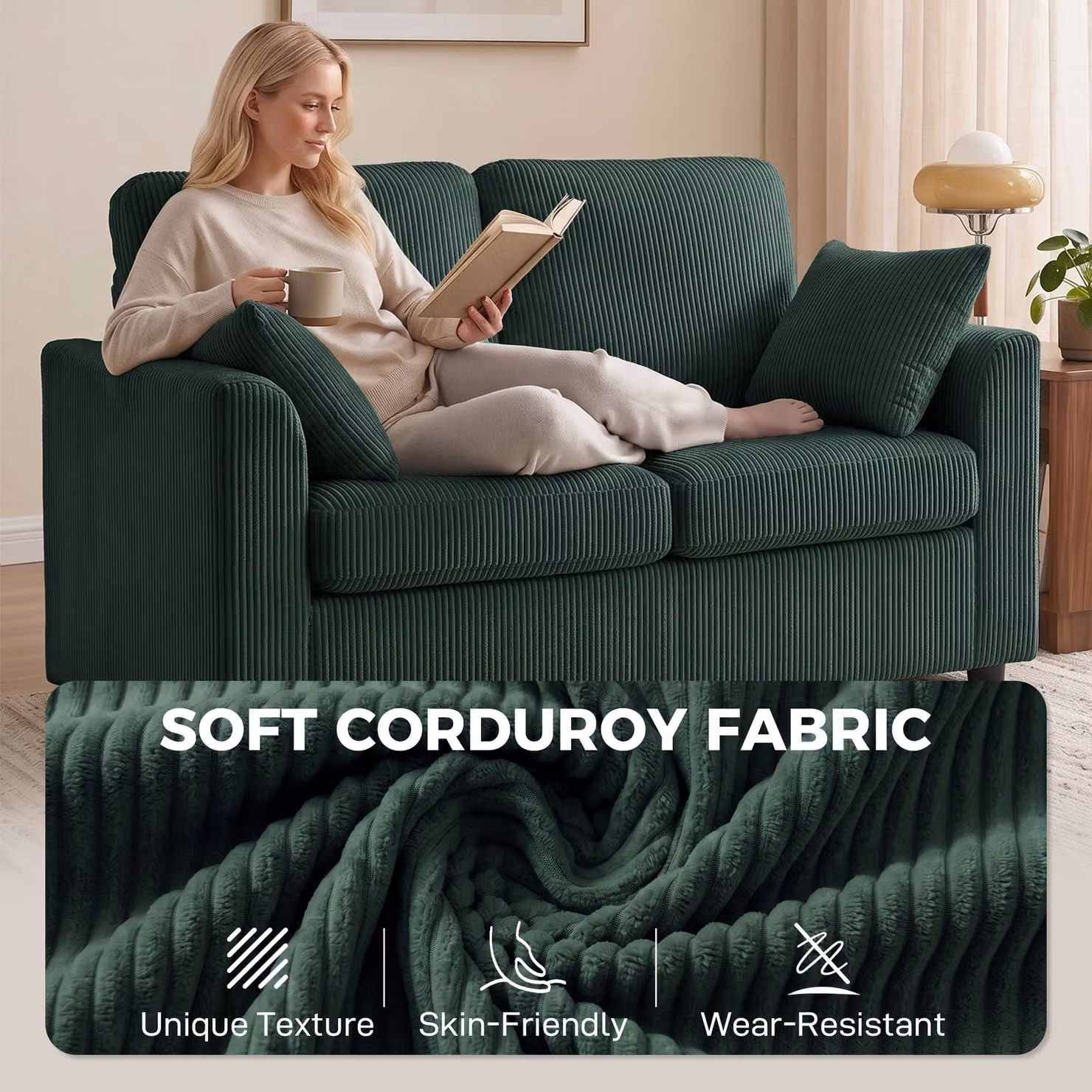 HOMCOM 2 Seater Corduroy Sofa in Dark Green with Scatter Cushions and Spring Cushions – 6