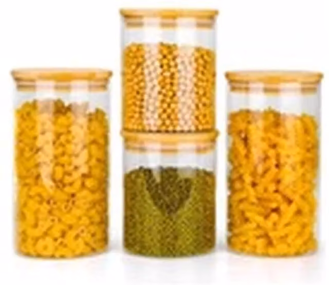 Havendro Set of 4 Airtight Glass Storage Jars with Bamboo Lids in Transparent
