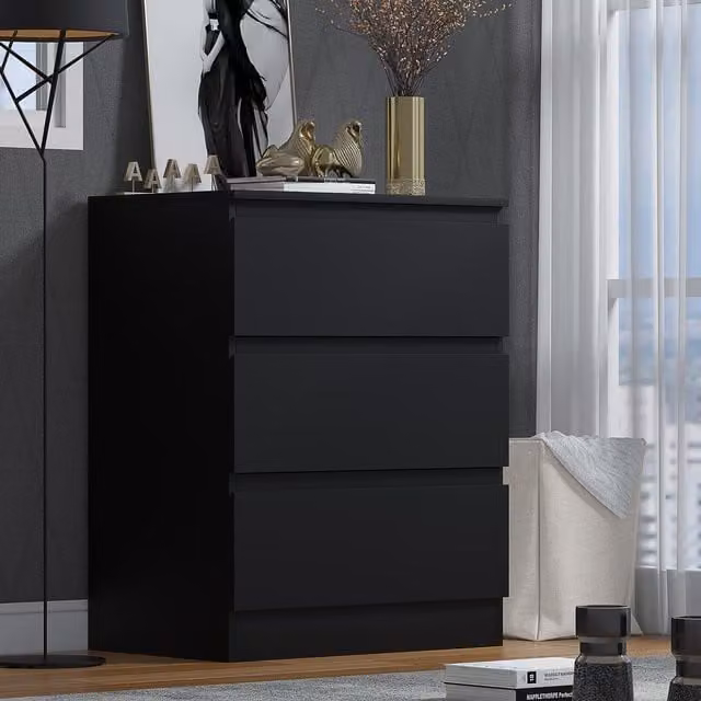 FWStyle Matt Black 3 Drawer Chest of Drawers and Bedside Nightstand