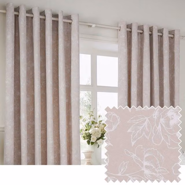 Wylder Bella Floral 100% Cotton Eyelet Curtain Pair in Beige, Width: 168 cm, Drop: 137 cm