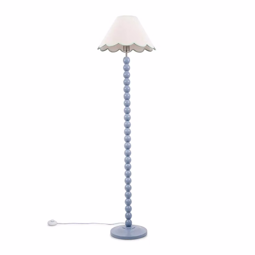 ValueLights Bobbins Powder Blue Floor Lamp with Green Scallop Fabric Shade and LED Bulb – 2