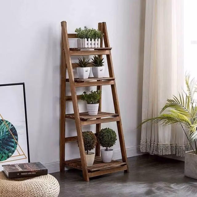 FORGEVIO Wooden Ladder Shelf Plant Stand, Rustic Brown Folding Open Rack
