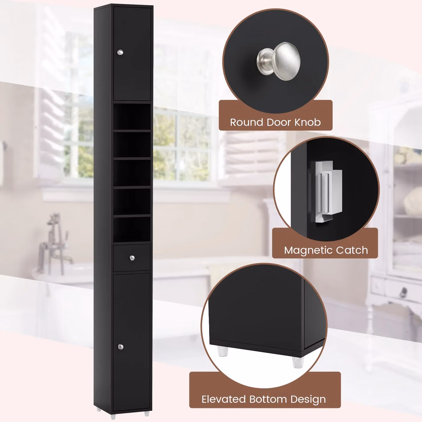 Gymax Slim Black Matt Bathroom Tall Cabinet with 2 Hinged Doors and Adjustable Internal Shelves – 7