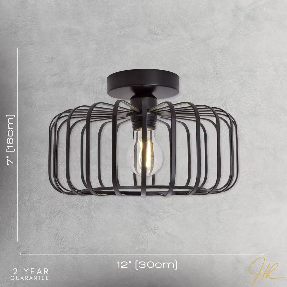 Happy Homewares Industrial Cage Semi Flush Ceiling Light in Matte Black Metal – 5