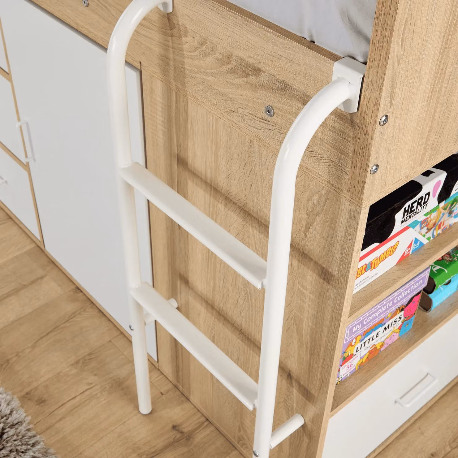 Home Source Cabin Loft Single Bed with Integrated Storage Shelves and Hidden Desk in White – 2