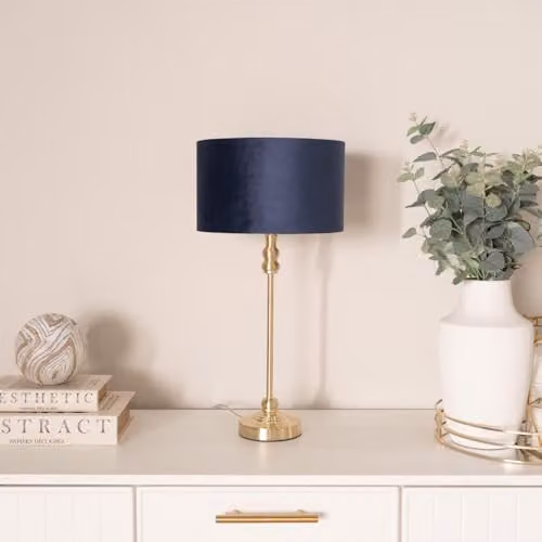 ValueLights Maggie Gold Metal Candlestick Table Lamp with Dark Navy Velvet Drum Shade and Warm White Bulb – 2