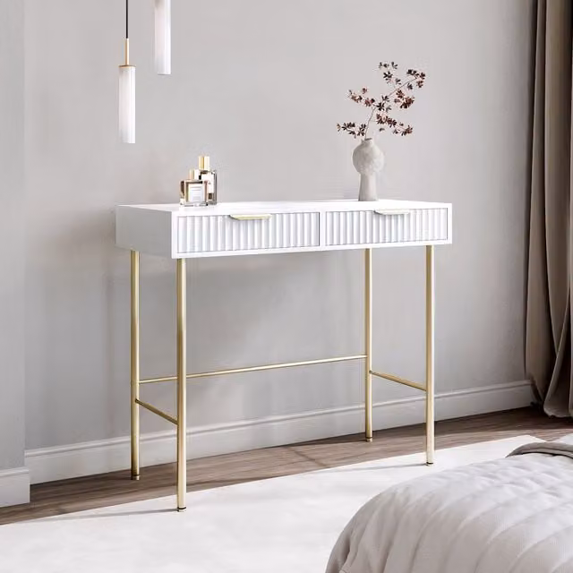 Carme Home Maya White Dressing Table with Ribbed Front Drawers and Grey Velvet Lining – 1