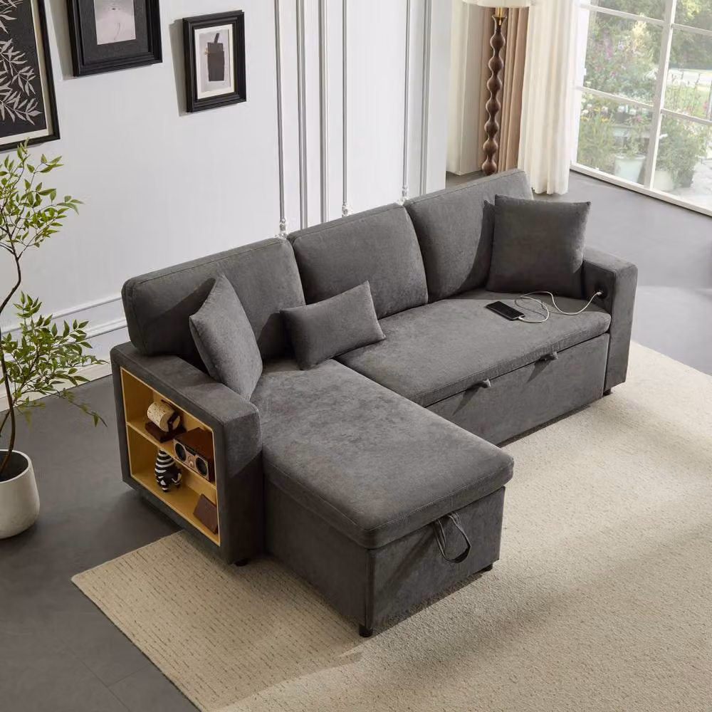 Tokpiedi 3 Seater L-Shaped Reversible Sectional Sofa Bed with USB Charging and Side Shelf in Grey Fabric – 2