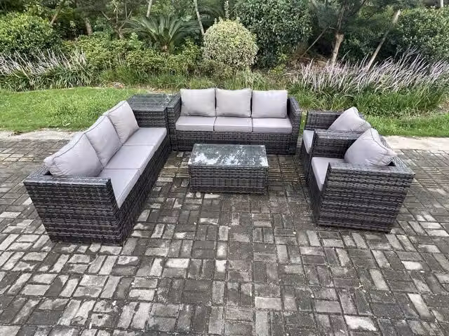 Fimous 8 Seater Outdoor Lounge Sofa Set in Dark Grey Mixed PE Rattan with 2 Armchairs, Oblong Coffee Table and Side Table