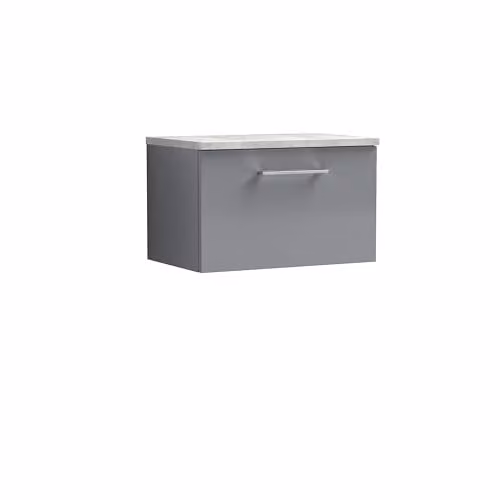 Balterley Wall Hung Grey Bathroom Vanity Unit with Single Soft Close Drawer and Rectangular Laminated Worktop, W: 60.5 cm, D: 39.0 cm, H: 38.1 cm – 1