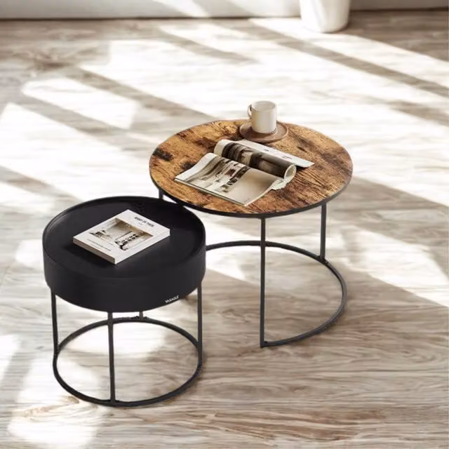Pirlo Plush 2-Piece Industrial Round Nesting Tables in Brown – 1