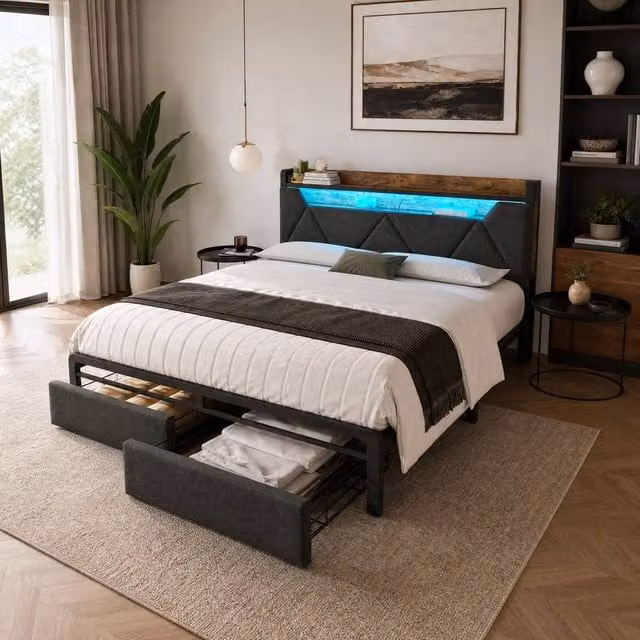 STILVORA Upholstered Double Bed in Grey with LED Lighting, USB Charging Ports and Storage Drawers, W/D/H: 140 x 200 x 110 cm