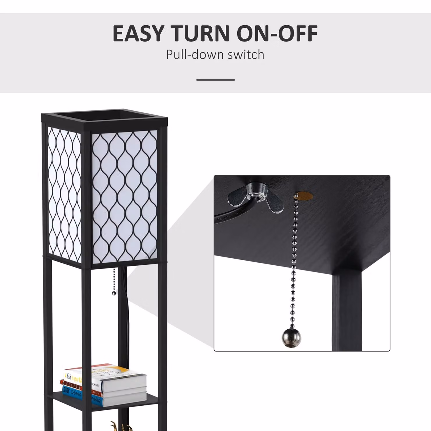 HOMCOM Modern 4 Tier Floor Lamp with Shelves and Fabric Lampshade in Black or White, H 160 x W 26 x D 26 cm – 4