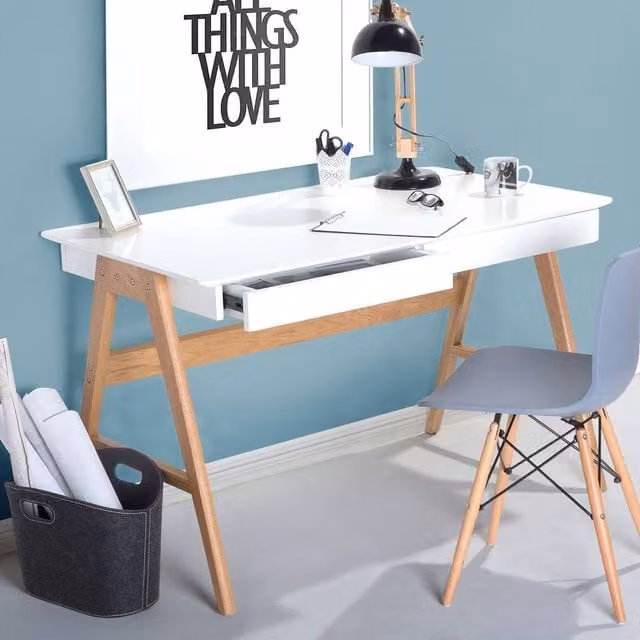 Wyld Haus White Lacquered Writing Desk with 2 Drawers, W: 120 cm, D: 75 cm, H: 75 cm
