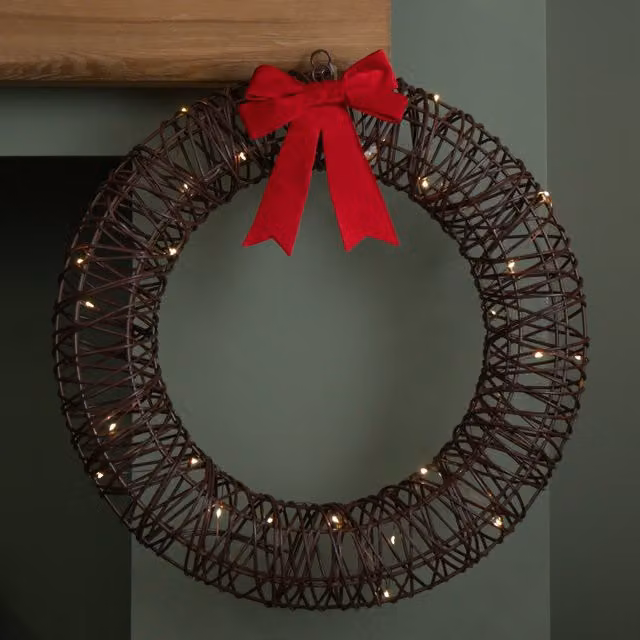 Samuel Alexander Battery Operated Christmas Wreath with Red Bow and 40 White LEDs, Brown, 50cm