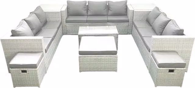 Fimous 12 Seater Rattan Garden Furniture Set in Grey with Upholstered Cushions, Coffee Table and Ottomans