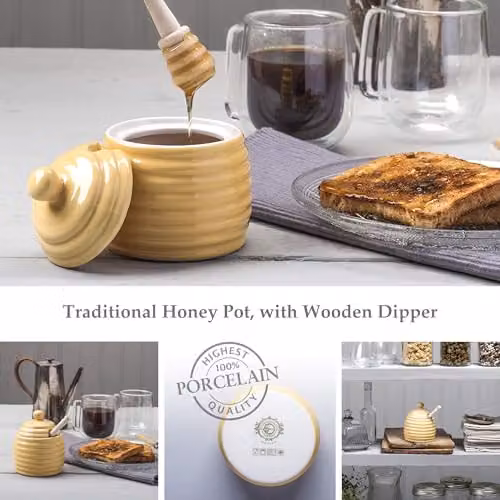 WM Bartleet & Sons 1750 Traditional Porcelain Honey Pot with Beech Wood Dipper, Yellow – 2