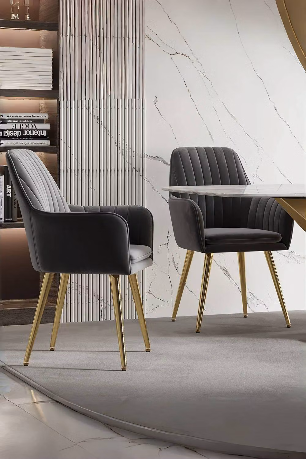 Living and Home Set of 2 Modern Velvet Upholstered Dining and Dressing Chairs with Gold Metal Legs in Grey – 2