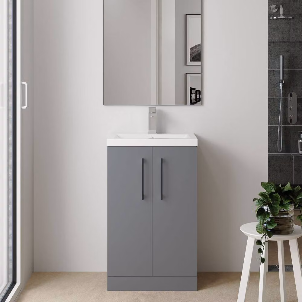 Balterley Satin Grey Modern Freestanding Bathroom Vanity Unit with Black Handles and Soft Close Doors – 2