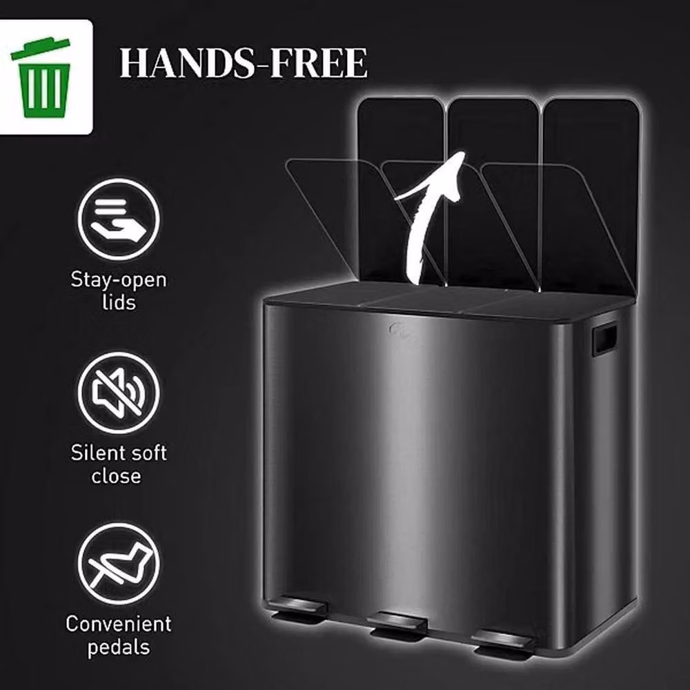 EONLION 3 Compartment Triple Metal Pedal Bin in Black, Height: 100 cm – 2