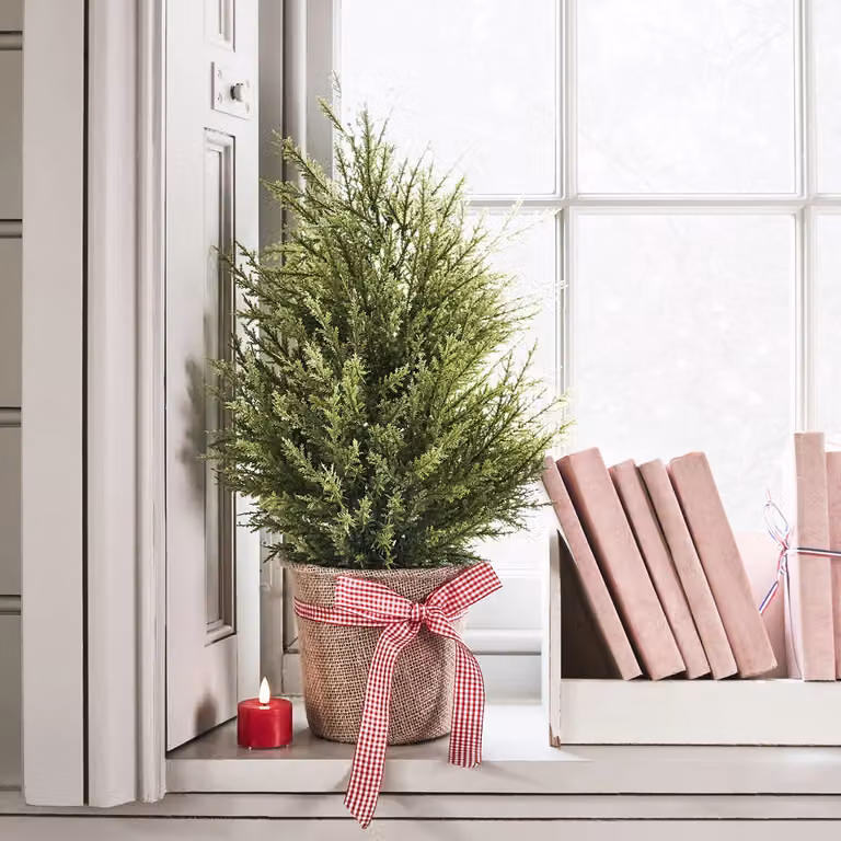 Lights4fun Artificial Mini Potted Christmas Fir Tree Decoration with Red Ribbon, Height: 55 cm