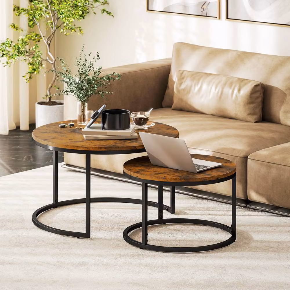 HOMCOM Set of 2 Round Nesting Coffee Tables with Metal Frame, Brown and Black, W/D/H: 78.5 x 78.5 x 46.5 cm – 2