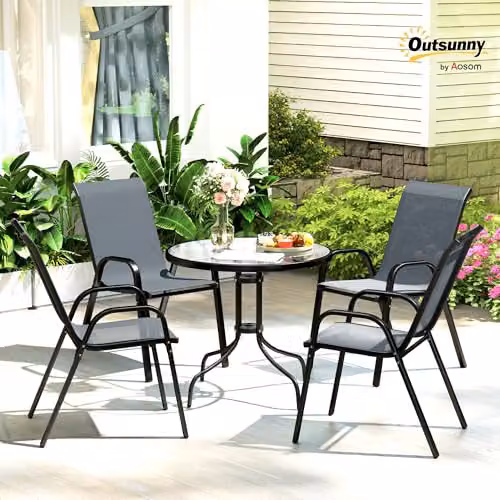 Outsunny 5 Piece Garden Dining Set with Round Glass Table and 4 Chairs in Grey – 2