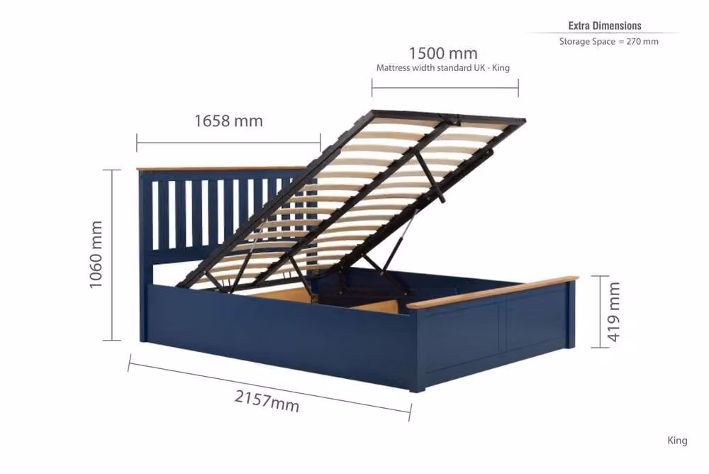 Birlea King Size Aspen Ottoman Bed in Navy Blue with Solid Oak Wood Frame, W/D/H: 180 x 200 cm – 2
