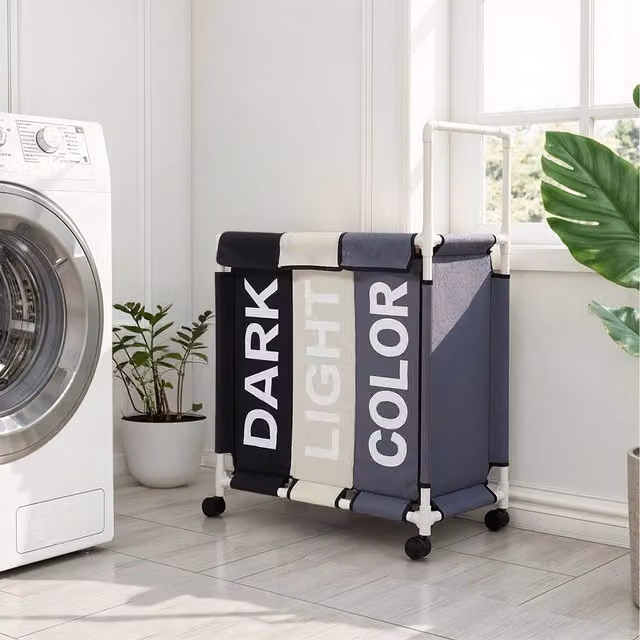 Livingandhome 110L 3-Section Fabric Laundry Basket with Lid, Handles and Wheels, Grey