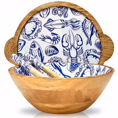 Hartsmede Mango Wood Salad Bowl with Lid and Spoons, Ocean Blue – 1