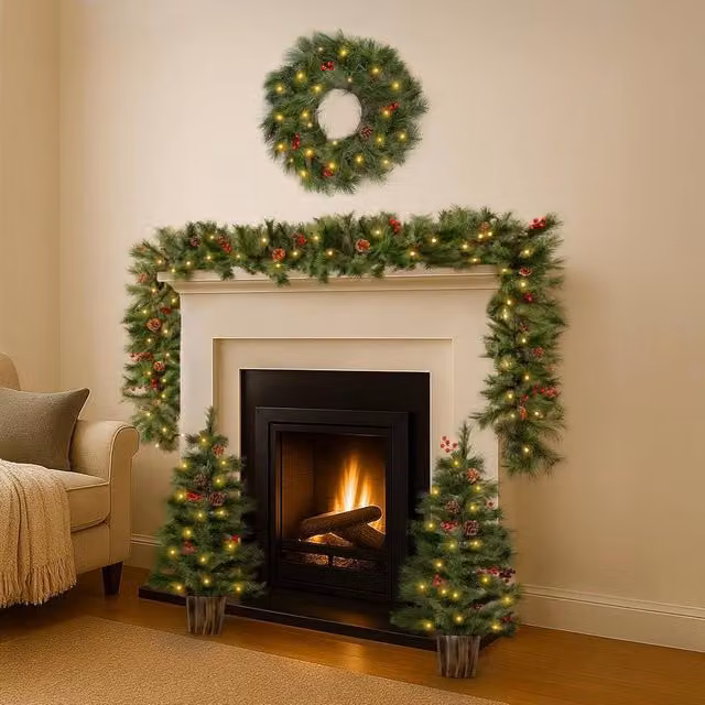 Marco Paul 4pc Pre Lit Pine and Red Berry Christmas Decoration Set in Green and Red