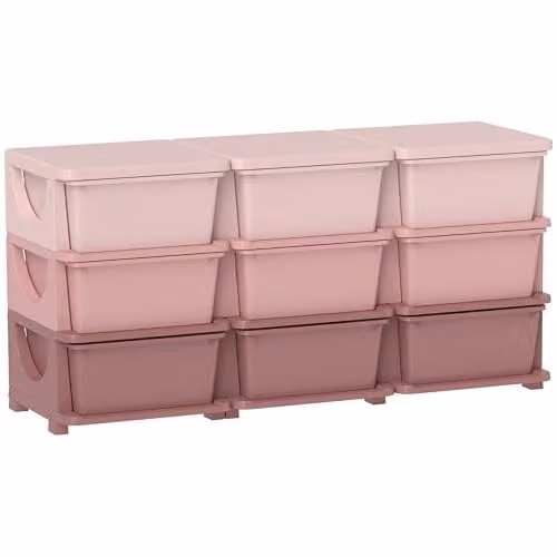 HOMCOM 3-Tier Pink Plastic Kids Toy Storage Unit with 9 Drawers